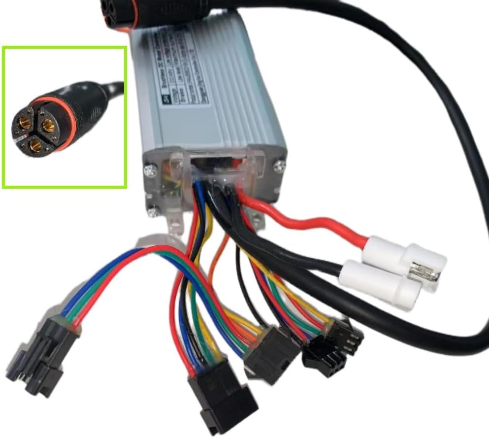 NULKOMMA JH4AJ6566DZHBK Brushless DC Motor Controller with various connectors and a close-up of a three-pin power connector
