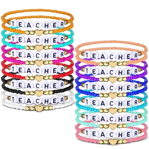 24 Pcs Back to School Teacher Beaded Bracelet Thank You Gifts for Teachers Appreciation Gifts for Women Heishi Stretchy Bracelet Present from Student