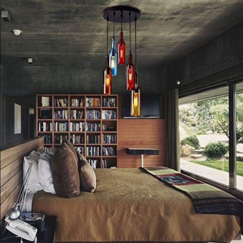 HIVGHOIO Lampadario per bottiglie di vetro 5 lampadario a soffitto industriale lampadario per bottiglie di vino colorato lampadario da soffitto retrò creativo illuminazione a sospensione in vetro E27
