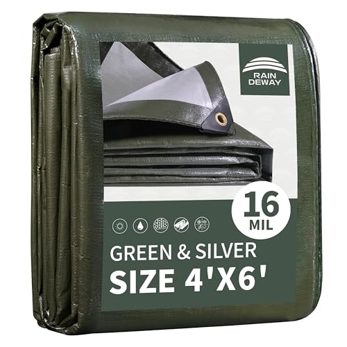 RAINDEWAY Tarp 4x6FT 16 Mil Tarps Heavy Duty Waterproof Multipurpose Small Tarp with Grommets UV Resistant Tear Resistant for Camping Tent Pool Car Green/Silver