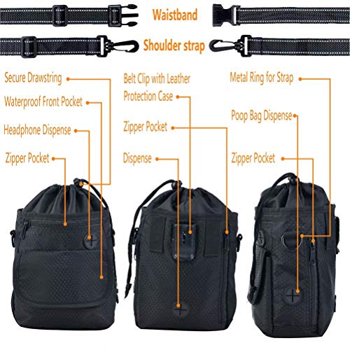 HANWELL Futterbeutel für Hunde Leckerlies, Hundeleckerlitasche mit Poop Spender-Verstellbarer Taillen/Schulterriemen, Mehrfachtaschen für Tragende Hunde Kibble und Spielzeug (Schwarz, Fußballmuster)