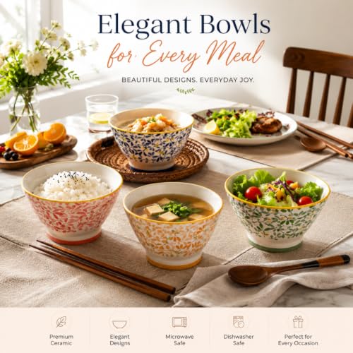 Image of Ceramic Bowl Set of 4, 450 ML - Microwave Safe Dinnerware, BPA & Lead-Free Serving Bowls, Chip Resistant Floral Bowls for Snacks, Rice, Elegant Kitchenware for Dining, Serving & Gifting