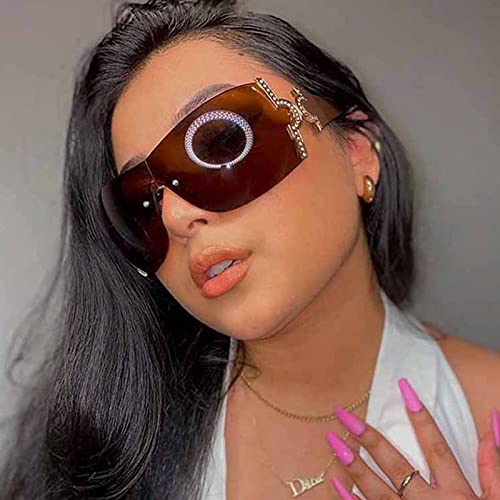 HMRGLMIE-Rimless Sunglasses Women Men Punk Rhinestone One Piece Goggle Sun Glasses Feminino De Sol Gafas UV4002