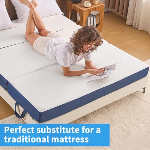 Image of CYMULA Folding Mattress Queen Size,4 inch Memory Foam Tri Portable Trifold Mattress Topper Queen with Breathable & Washable Cover, Foldable Sofa for Camping