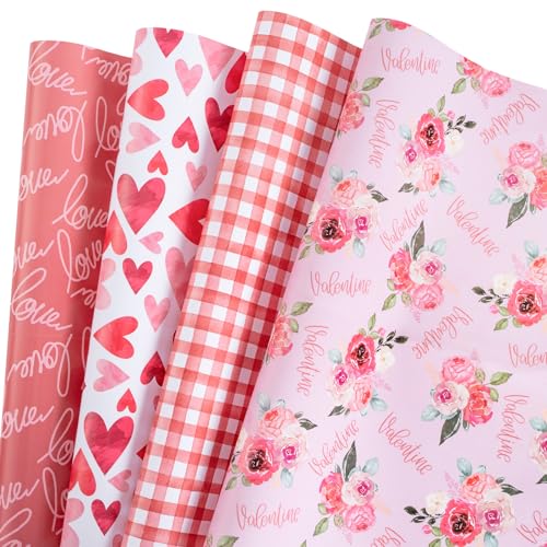 RUSPEPA Hoja De Papel De Regalo - Corazón Y Flores Rojos Y Rosado...
