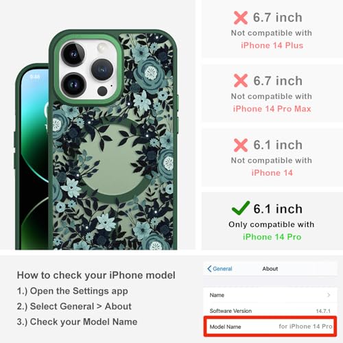 Image of Magnetic for iPhone 14 Pro Case with for Women Girls, Green Flower | Pretty Floral Pattern Design [Compatible with MagSafe] Shockproof Slim Translucent Matte Non-Slip Protective Cover