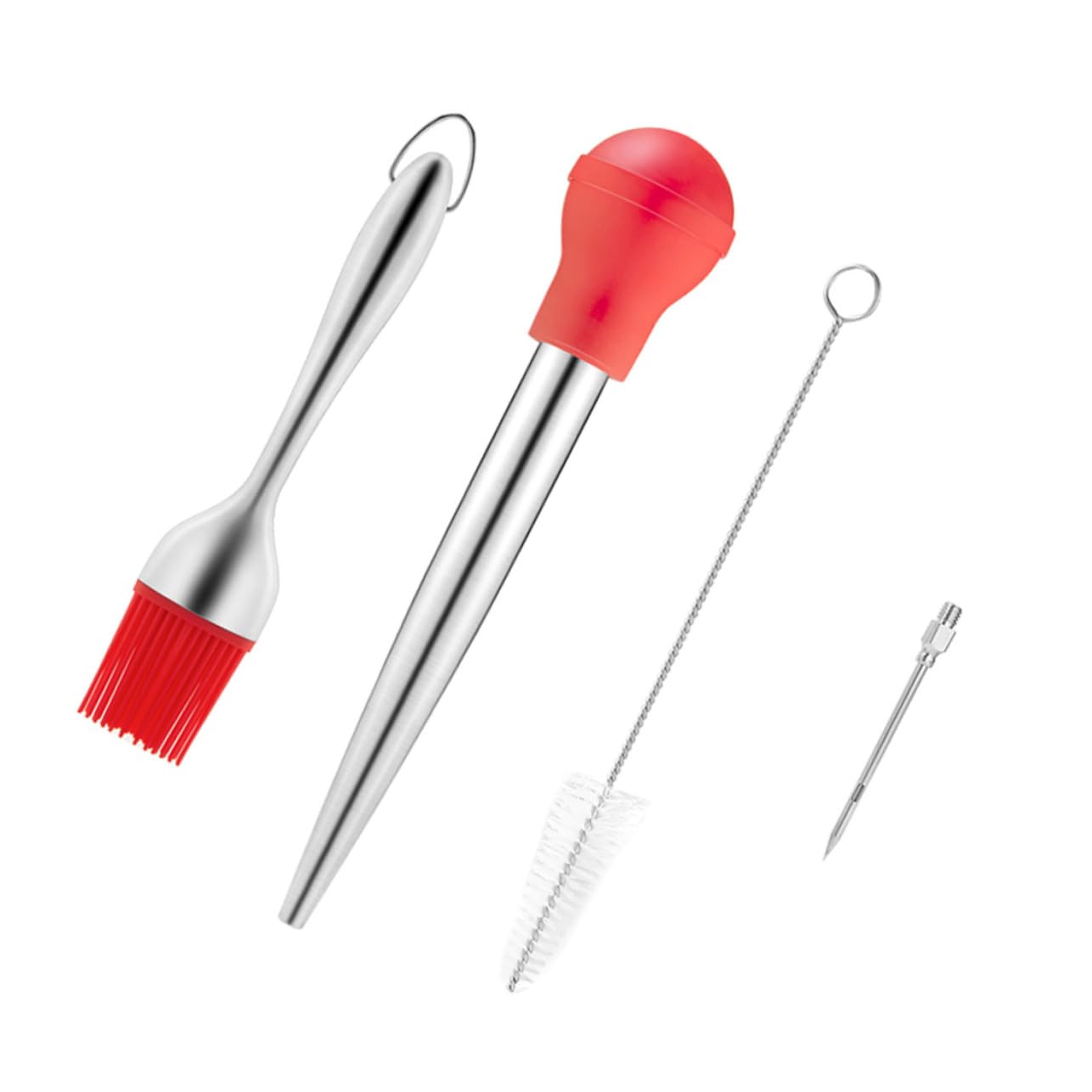 KICHOUSE Perfect for Turkey Gravy 4-piece Stainless Steel Baster Kit Oil Brush Silicone Seasoning Pump and Cleaning Tube