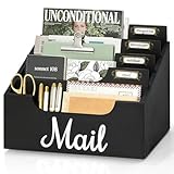 Wood Mail Organizer Countertop, Rustic Mail Holder for Desk with 4 Slots, Mail Sorter for File Paper Folder...