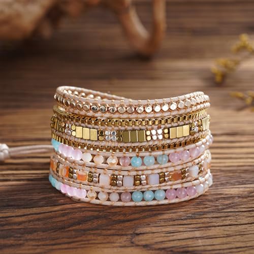 Image of Plumiss Women Boho Handmade Natural Stone Crystal Leather Bead Wrap Bracelets Collection