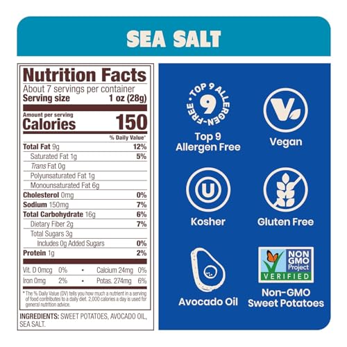 Image of Jackson's Sweet Potato Kettle Chips with Sea Salt made with Premium Avocado Oil (5 oz, Pack of 7) - Allergen-friendly, Gluten Free, Peanut Free, Vegan, Paleo Friendly - Shark Tank Product