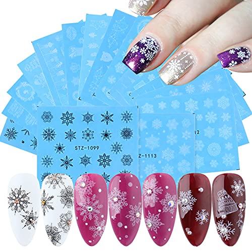 Christmas Nail Art Sticker Water Transfer Nail Decals -White Black Snowflakes Santa Claus Reindeer Snowmen Xmas Tree Nail Art Supplies for Women Girls Holiday Party DIY Decoration Manicure Tips（16PCS）