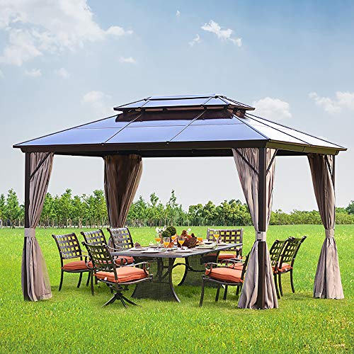 Mellcom 10’ x 13’ Hardtop Gazebo with Netting Curtains and Sidewalls, Polycarbonate Top