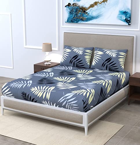 Image of Microfiber Fitzy 280 Tc Fitted Bedsheet King Size, Elastic Bedsheet, 72X78 + 10 In Drop,With 2 Pillow Covers (Grey-New-Leaf)