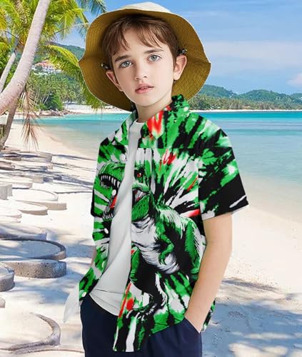 Image of uideazone Size 7-8 Tie Dye Shirts for Boys Funny Dinosaur Printed Button Up Shirt Hawaiian Luau Short Sleeve Casual Blouse Tops for Holiday Beach Party
