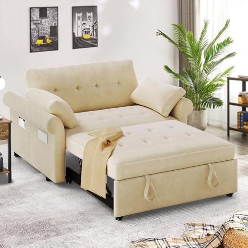 DWVO 3 in 1 Sleeper Sofa Bed, 56 Inch Convertible Loveseat Sofa with Pullout Bed, Reclining Backrest, Storage Pockets, Modern Space Lounge Furniture for Living Room, Includes Toss Pillows, Beige
