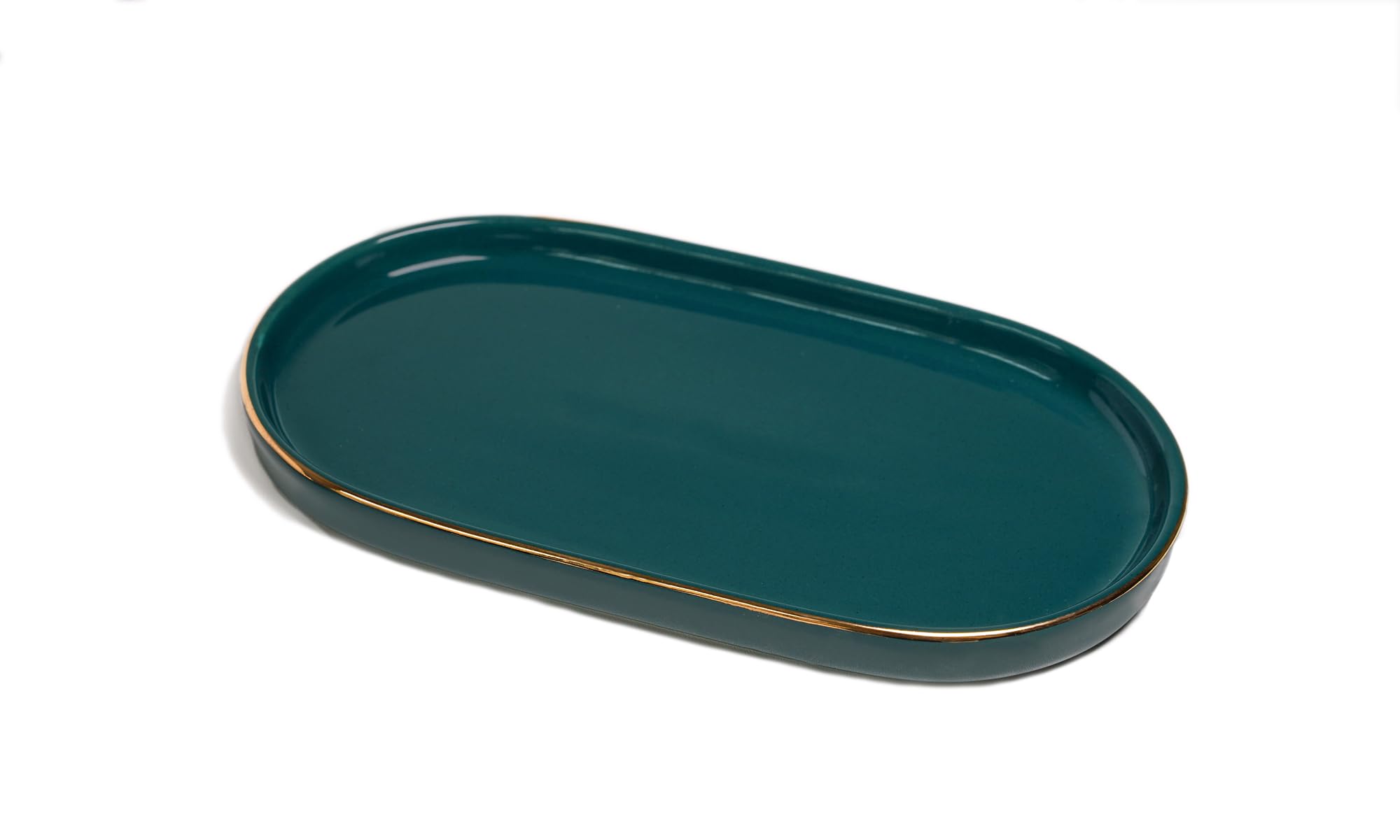 Ceramic Jewelry Dish, Perfume Vanity Tray, 7x4 Decorative Catch All Bowl for Trinket Key Ring, Small Bathroom Counter Tray, Soap Tray for Kitchen Sink (Green)