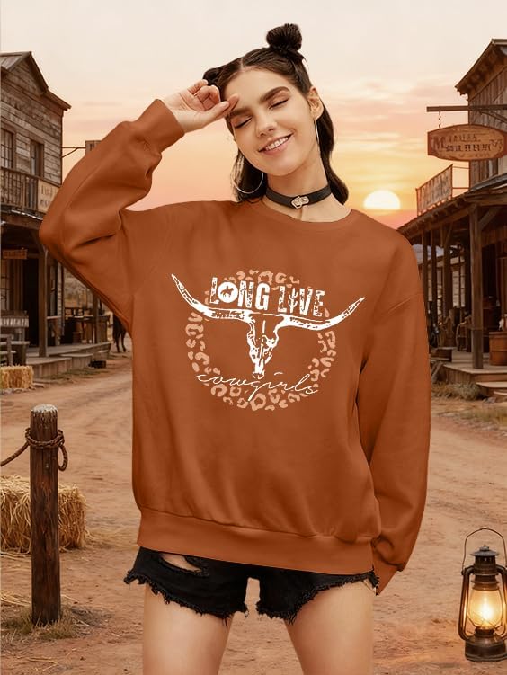 FASHGL Western Sweatshirts for Women Rodeo Cowgirl Sweatshirt Vintage Cowboy Graphic Shirts Country Concert Long Sleeve Shirt - Image 4