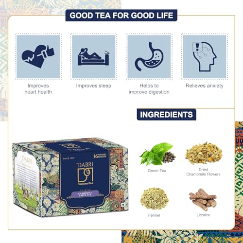 Image of Dabri Chamomile Green Tea 32 Pyramid Dip Tea Bags|Pack of 2 x 16 Bags Each|Natural Whole Leaf & Chamomile Flowers|Relieves Menstrual Cramps & Stress|Aids Sleep & Digestion|Glowing Skin & Strong Hair