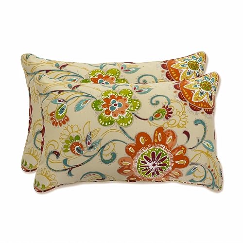 Pillow Perfect Bright Floral IndoorOutdoor Accent Throw Pillow Plush Fill Weather and Fade Resistant Lumbar 115 x 185 Tan Fanfare 2 Count
