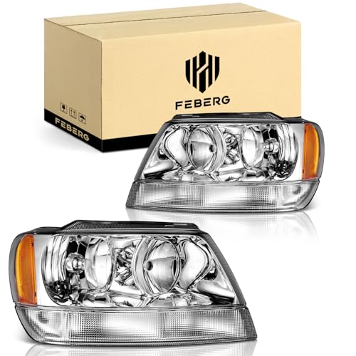 FEBERG [OE Style Anti-Yellowing Headlights For 1999 2000 2001 2002 2003 2004 Jeep Grand Cherokee Halogen Headlamp Pair Replacement Driver & Passenger Side