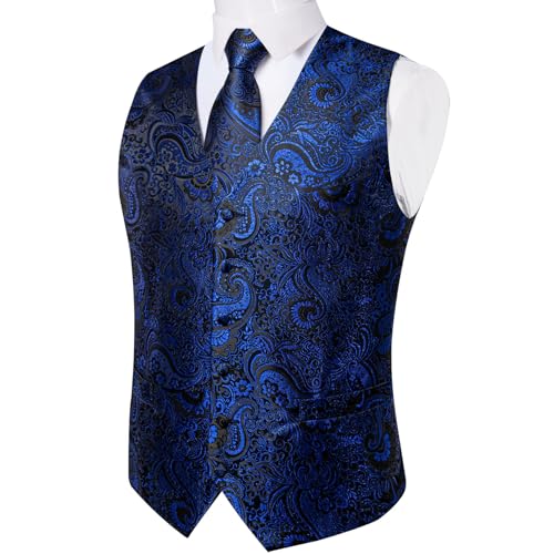 DiBanGu Mens Vest and Tie Set Formal Paisley Waistcoat and Necktie Pocket Square Cufflinks Silk Suit Vest for Tuxedo Wedding, Royal Blue and Black, X-Large2