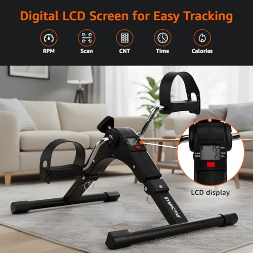 Image of Amazon Brand - Symactive Fitness Mini Cycle Pedal Exerciser I Heavy Material with Fixing Straps| Adjustable Resistance Levels and Digital Display | Anti-Skid, Compact & Portable | Black