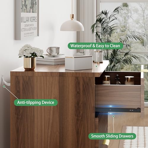 Image of Xixini Fluted Dresser for Bedroom with 3 Drawers, 24 inch Wide Modern Chest of Drawers with Metal Handle, Wooden Dresser TV Stand, Wood Closet Clothes Storage Organizer for Living Room, Hallway, Walnut