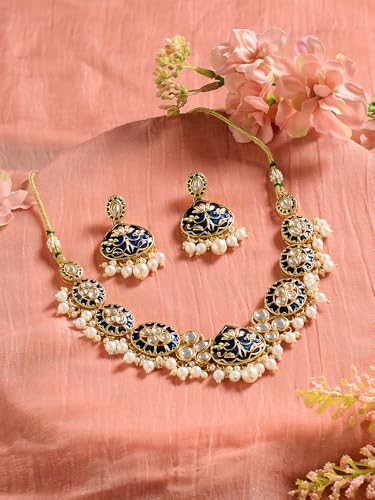 Image of ZAVERI PEARLS Blue Meenakari Lotus Design Kundan & Pearls Embellished Necklace & Earring Set For Women-ZPFK22306