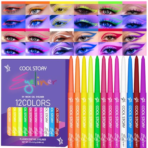 BestLand 12 Colors UV Neon Eyeliner – Festival Makeup, Glow in the Dark, Waterproof &amp; Smudge-Proof, Colorful Liquid Eyeliner for Face &amp; Body Art, Rave Party, Cosplay, Halloween