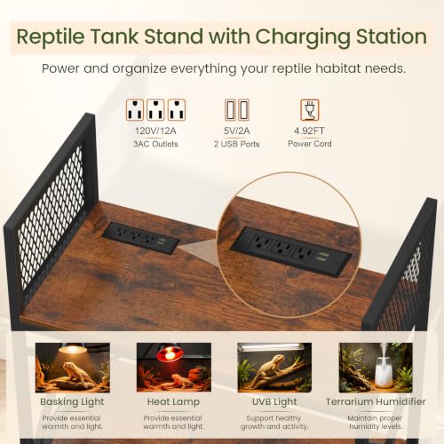 Image of Snughome Reptile Tank Stand with Charging Station, 31 inch x 15 inch Terrarium Stand with 3-Tier Open Storage Shelves, Reptile Enclosure Stand, Heavy Duty Vivarium Table for Gecko, Lizard, Bearded Dragon and Small Reptiles