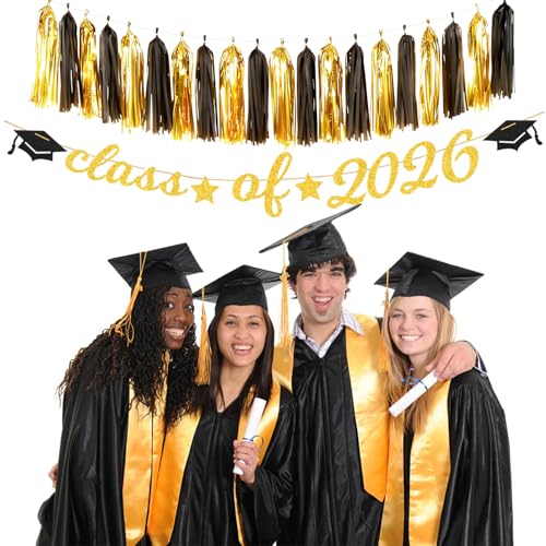 Image of Black Gold Graduation Party-Decorations Garland - 36pcs Congrats Grad Class 2026 Banner,Hat Hanging Streamers,College High School Congratulations Master Celebration Classroom Backdrop Decor Burgleda