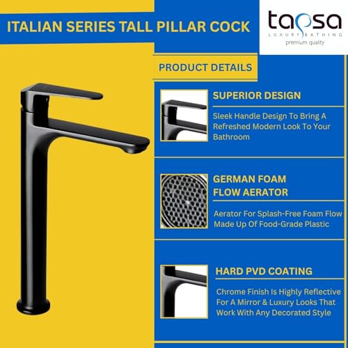Image of Tapsa Italian Series Black PVD Coated Tall Pillar Cock Tap /Basin Tap with Long Spout & 12 Inch Tall Body Tall Boy Extended Pillar Tap Faucet