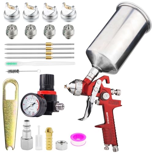 BENTOHKLE HVLP Gravity Feed Spray Gun with 4 Nozzles 1.4/1.7/2.0/2.5mm and 1000cc Aluminum Cup, Automotive Paint Gun Car Paint Spray Gun for Auto Paint, Primer, Clear/Top Coat