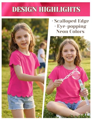 Image of Noomelfish Girls Short Sleeve Scalloped Edge T-Shirts Casual Cute Summer Tee Tops Blouse (5-12 Years)