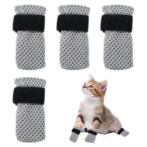 QIYUDA 4 Pcs Cat Mittens to Prevent Scratching for Pets with Paw Inner Diameter up to 1.35 Inches, Adjustable Breathable Mesh Kitten Shoes Socks Booties for Only Grey
