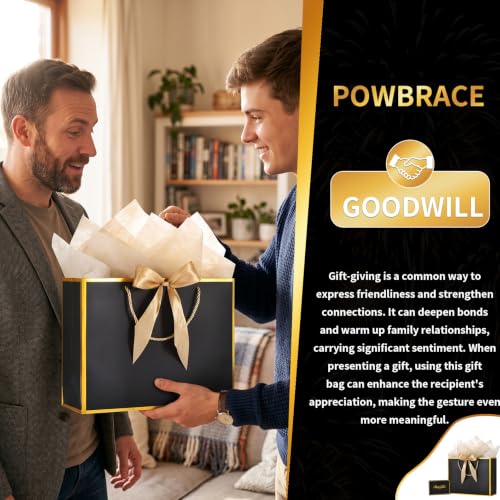 Image of Powbrace 13 inch Medium Black Gift Bag Set with Handle - 2 Bags Featuring Bows, 4 Tissues, and 2 Greeting Cards for Wedding, Baby Shower, Father's Day, Mother's Day, Birthday Party