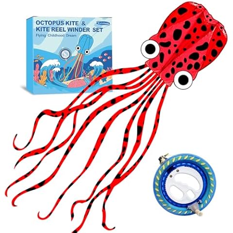 Kaiciuss Octopus Kite & Kite Reel Set, Easy to Fly Beach Kite & Kite Spool for Kids & Adults, Single Line Frameless Kite with 7.2 Inch Kite Wheel Kit (Red Spotty) Cover