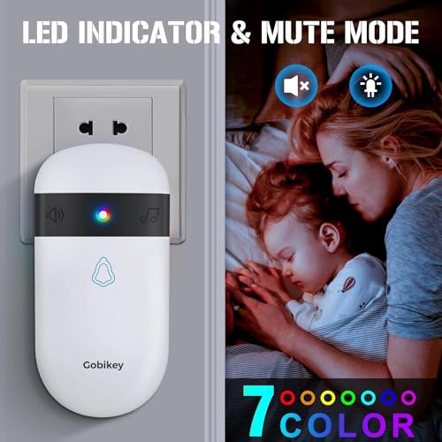 Wireless Doorbell,Self-Powered No Battery Door Bell, IP55 Waterproof Cordless Plug-in Doorbell Kit 2 Receivers, 52 Loud Chimes & 5 Level Volume (0-115dB) & 7 Colors Light for Home, Classroom, Front - Image 5