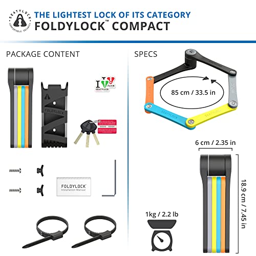 Foldylock Compact Folding Bike Lock - Award Winning Patented Lightweight High Security Bicycle Lock - Heavy Duty Anti Theft Smart Secure Guard With Key And Case For Bikes Or Scooter - 85 Cm #TOP4