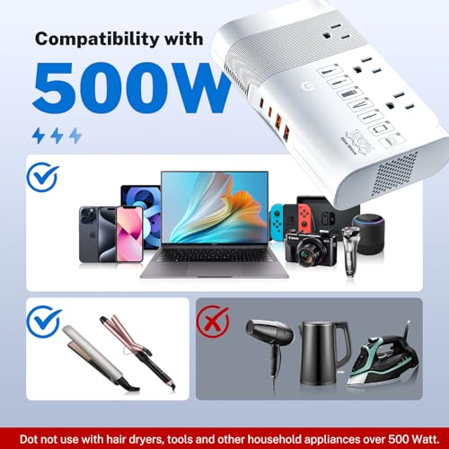 DOACE 500W Universal Travel Adapter 220V to 110V Voltage Converter, Pure Sine Wave European Travel Plug Adapter Converter, Transformer for US to Most Europe，UK/AU/EU/IT with 3 US Outlets & 4 USB - Thumbnail 3