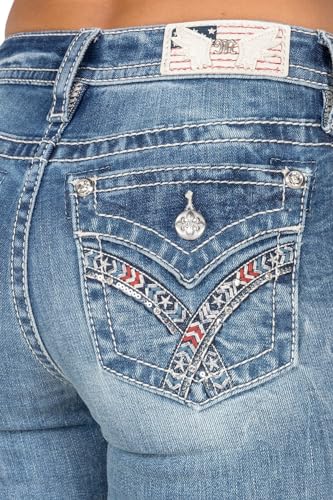 Miss Me Women's Mid-Rise Bootcut Jeans, Americana Zig Zag with Faux Flap Pockets, Bootcut Stretch Denim Jeans4