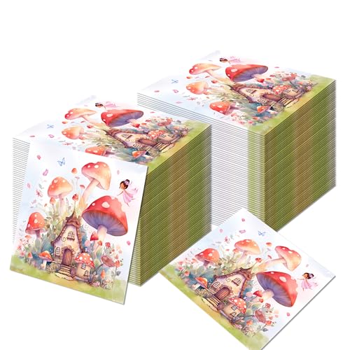 100Pcs Mushroom Paper Napkins Guest Napkins Mushroom Party Decorations,Enchanted Forest Decorations Party Tableware Fairy Tale Woodland Napkin Supplies