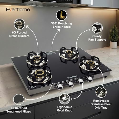 Image of Everflame Atlas 4 Burner Gas Stove | Ultra-Premium 8mm Toughened Glass Top | Euro-Coated Pan Support | LPG Ready & PNG Convertible | Manual Ignition | 2 Years Warranty + Free Doorstep Service