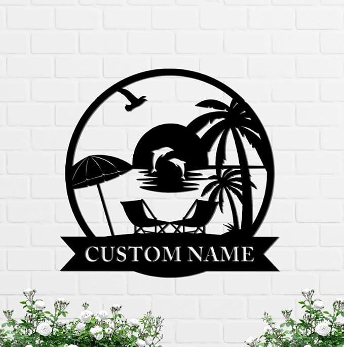 Sunset Palm Trees Beach Metal Decor, Custom Summer Beach House Sign Home Decor, Personalized Family Name Metal, Garden Home Patio Outdoor