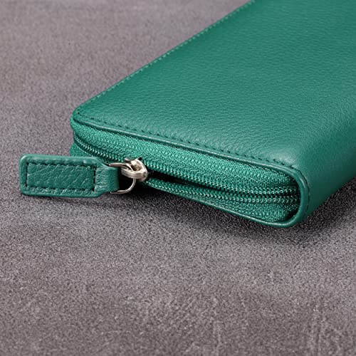 Image of HISCOW Leather Checkbook Cover, Zippered Wallet, Pebbled Green | Full grain cowhide, 5cc & ID window, personal check book & register pockets, removable duplicate divider, women secure zipper