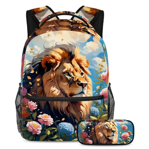 Sac de voyage pour étudiants avec trousse à crayons intégrée, sac à dos de jour motif lion fleuri