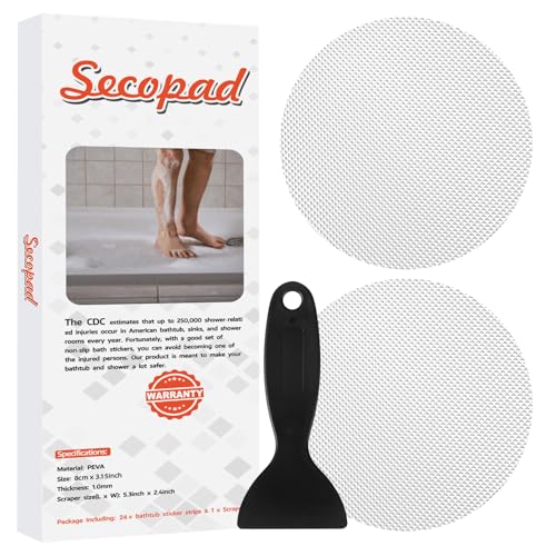 Secopad Pegatinas Antideslizantes para bañera, 24 Piezas de Seguridad bañeras duchas peldaños Adhesivos con raspador (Transparente)