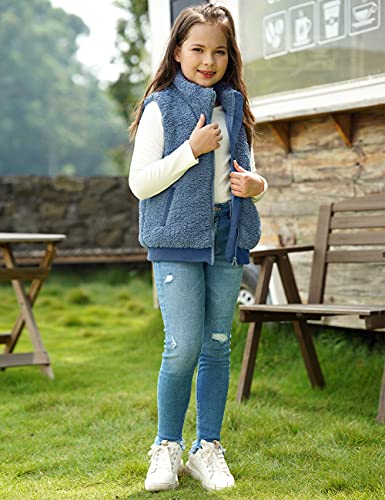 Lookbookstore Girls Sherpa Coat Vest Winter Shearling Fleece Outwear Fuzzy Jacket Lounge Coat Faux Fur Zip Up Warm Shaggy Coats For Kid Outerwear With Pockets Blue 12-13 Years #TOP2