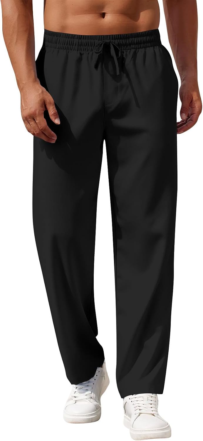 Mens Linen Pants Relaxed Fit Elastic Waist Pants Summer Boho Lightweight Linen Trousers with Pockets Yoga Pants