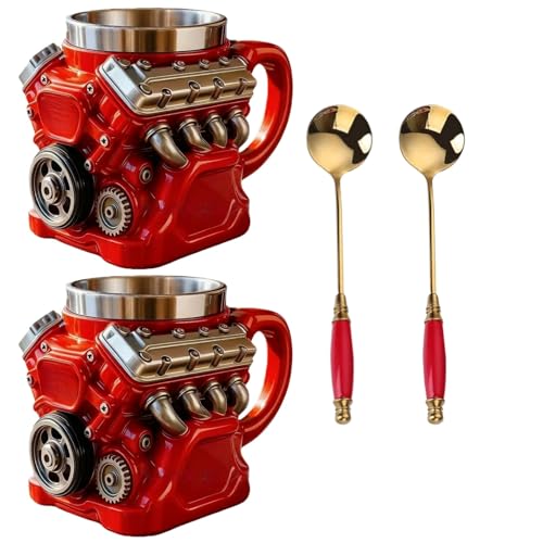 Engine Coffee Mug with Spoon, Red Resin and Stainless Steel Creative Car Engine Cup, Steampunk Industrial Design Collectible Gift for Car Enthusiasts (2)